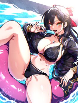 1girl absurdres bikini black_bikini black_hair black_jacket bracelet breasts cleavage commission eyebrows_hidden_by_hair final_fantasy final_fantasy_xiv food food_on_body food_on_breasts groin hair_between_eyes hair_ribbon highres holding holding_food holding_popsicle jacket jewelry large_breasts lipstick long_hair looking_at_viewer makeup navel ocean on_innertube open_mouth popsicle red_ribbon ribbon samael_(5211) sitting skeb_commission smile solo spread_legs stomach swimsuit warrior_of_light_(ff14) yellow_eyes