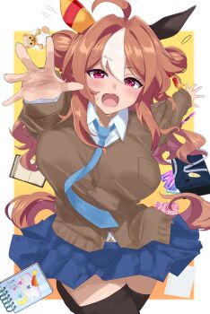 1girl absurdres ahoge animal_ears bag black_thighhighs blue_necktie blue_skirt blush breasts brown_cardigan brown_hair cardigan collared_shirt commentary_request copano_rickey_(umamusume) double_bun ear_covers ekazawa_sdvx fang hair_between_eyes hair_bun hair_ornament highres horse_ears horse_girl horse_tail large_breasts long_hair looking_at_viewer mismatched_ear_covers multicolored_hair necktie open_mouth paper purple_eyes school_bag school_uniform shirt skirt solo stuffed_animal stuffed_toy sweat tail tassel tassel_hair_ornament teddy_bear thighhighs umamusume white_hair white_shirt