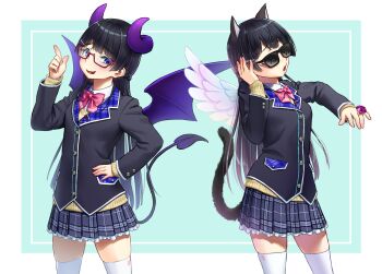 1girl :d animal_ears black_hair blue_eyes blush bow bowtie braid breasts cat_ears cat_tail demon_horns demon_tail demon_wings glasses hair_ornament hairclip hand_on_own_hip highres horns jewelry kath lapels long_sleeves looking_at_viewer multiple_views nijisanji open_mouth plaid_clothes plaid_lapels pleated_skirt ring school_uniform skirt sleeves_past_wrists smile sunglasses tail thighhighs tsukino_mito tsukino_mito_(1st_costume) virtual_youtuber white_thighhighs wings