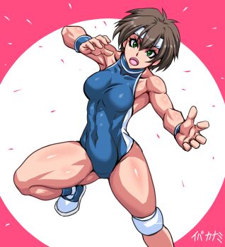 1girl boots brown_hair green_eyes headband highres kannai_iba leotard muscular muscular_female original shiny_skin solo tagme taroimo_(00120014) wrestler wrestling_outfit wristband