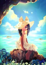 Rule 34 | 1girl, absurdres, animal hat, bare arms, bare shoulders, barefoot, binzoko paroma, black hair, blonde hair, blue sky, cat hat, closed mouth, cloud, colored inner hair, dress, flat chest, flower, frilled dress, frills, from side, full body, hat, hat flower, hat over one eye, highres, horizon, leaf, long hair, looking to the side, multicolored hair, ocean, on rock, one eye covered, original, outdoors, rock, sitting, sitting on rock, sky, smile, solo, summer, sun hat, sundress, water, white dress, white flower, yellow hat
