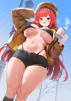 1girl absurdres akane_lize arm_behind_head arm_up bikini black_bikini black_eyes black_shorts black_socks breasts brown_hat brown_jacket chano39 cleavage commentary cup drawstring fur_hat fur_jacket hat highleg highleg_bikini highres holding holding_cup jacket kneehighs lamppost large_breasts long_hair long_sleeves looking_at_viewer mole mole_on_cheek mug nail_polish navel open_clothes open_fly open_jacket open_mouth red_hair red_nails short_shorts shorts skindentation smile snowing socks solo standing stellive stomach string_bikini swimsuit thick_thighs thigh_gap thighs very_long_hair virtual_youtuber