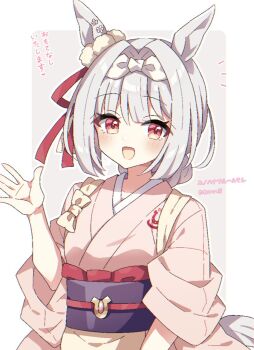 1girl animal_ears blush bow bowtie commentary_request dress flower hair_between_eyes hair_ornament hi_(pontolfo) horse_ears horse_girl horse_tail japanese_clothes kimono looking_at_viewer onsen_symbol open_hand open_mouth pink_kimono red_bow red_bowtie sash short_hair smile solo tail translation_request umamusume white_hair yunohana_bloom_(umamusume)