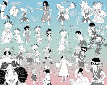 Rule 34 | 3girls, 6+boys, :d, animal head, asagiri gen, burn scar, chrome (dr. stone), dancing, dr. stone, e=mc2 (equation), evil grin, evil smile, facepaint, facial mark, fish, food, fruit, ginro (dr. stone), goggles, greyscale with colored background, grin, hat, headpat, highres, holding, holding knife, holding weapon, ishigami senkuu, japanese clothes, kinro (dr. stone), knife, kohaku (dr. stone), long hair, monochrome, multicolored hair, multiple boys, multiple girls, ninomae gin, ogawa yuzuriha, ooki taiju, open mouth, polearm, ponytail, scar, shield, shishiou tsukasa, short hair, smile, smirk, spiked hair, stick, suika (dr.stone), surprised, sword, two-tone hair, watermelon, weapon