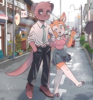 1boy 1girl aggressive_retsuko architecture blue_eyes blush bracelet building car cerealnei city cityscape couple dating east_asian_architecture formal_clothes furry furry_female furry_male furry_with_furry gazelle green_eyes heart hetero highres holding hooves jewelry komiya_(aggretsuko) lamppost lantern looking_at_viewer meerkat motor_vehicle motorcycle one_eye_closed open_mouth plant road sanrio skirt smile sparkle street tail thighhighs tsunoda_(aggretsuko) waving writing