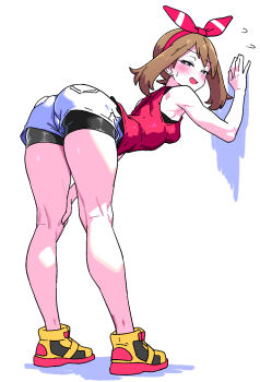 1girl ass bent_over bike_shorts bike_shorts_under_shorts black_shorts blush bow bow_hairband breasts brown_hair commentary_request flying_sweatdrops full_body hairband hand_on_own_knee hand_on_wall highres looking_at_viewer looking_back may_(pokemon) nintendo open_mouth pokemon pokemon_oras red_bow red_hairband red_shirt shirt shoes short_hair short_shorts shorts sleeveless sleeveless_shirt small_breasts solo sweatdrop white_shorts yaki_apple