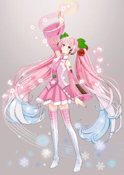 Rule 34 | 1girl, aqua hair, arm up, bare shoulders, blush, boots, breasts, cherry blossom print, cherry hair ornament, collared shirt, commentary request, detached sleeves, fingernails, floral print, food-themed hair ornament, full body, gradient hair, hair between eyes, hair ornament, hatsune miku, headset, highres, long hair, long sleeves, looking at viewer, medium breasts, miniskirt, mofmama, multicolored hair, musical staff, nail polish, necktie, open mouth, pink boots, pink eyes, pink hair, pink nails, pink necktie, pink skirt, pink sleeves, pleated skirt, sakura miku, see-through clothes, see-through sleeves, shirt, skirt, sleeveless, sleeveless shirt, snowflakes, solo, thigh boots, thighhighs, thighs, tie clip, transformation, twintails, very long hair, vocaloid, white trim, wide sleeves, yuki miku, yuki miku (2010), zettai ryouiki