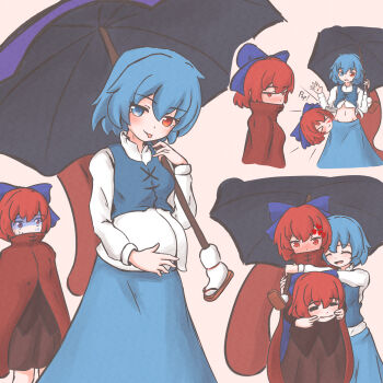 2girls absurdres big_belly blue_bow blue_eyes blue_hair blue_skirt blue_vest blush bow cloak closed_mouth commentary disembodied_head fake_pregnancy hair_bow heterochromia highres hip_bones holding holding_umbrella kokowoch light_brown_background long_sleeves midriff multiple_girls navel open_mouth red_cloak red_eyes red_hair red_skirt sekibanki shirt short_hair simple_background skirt smile symbol-only_commentary tatara_kogasa tongue tongue_out touhou umbrella vest white_shirt