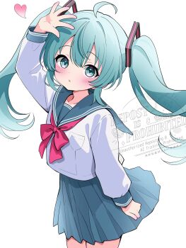 1girl :d ahoge arm_up blue_sailor_collar blue_skirt blush bow bowtie commentary cowboy_shot dot_nose green_eyes green_hair hair_between_eyes hair_intakes hatsune_miku heart highres long_hair long_sleeves looking_at_viewer oekakishizuku open_mouth pleated_skirt red_bow red_bowtie sailor_collar school_uniform serafuku shirt simple_background skirt smile solo twintails vocaloid watermark white_background white_shirt