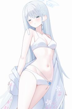1girl absurdres bare_shoulders bikini blue_archive blue_halo blush braid braided_sidelock breasts cleavage commentary_request flower grey_eyes hair_ornament halo haori highres japanese_clothes jewelry long_hair looking_at_viewer nagusa_(blue_archive) nagusa_(swimsuit)_(blue_archive) navel necklace off_shoulder official_alternate_costume parted_lips print_haori simple_background single_braid small_breasts snowflake_hair_ornament solo stomach swimsuit thighs very_long_hair white_background white_bikini white_hair white_haori zerotwenty_(020)