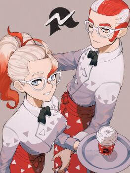 1boy 1girl apron black_bow black_bowtie blue_eyes bow bowtie breasts cup disposable_coffee_cup disposable_cup glasses gradient_hair grin griselle_(pokemon) grisham_(pokemon) hair_pulled_back highres holding holding_tray jewelry looking_at_viewer lower_eyelashes_only medium_breasts multicolored_hair nintendo one_eye_closed orange_apron orange_hair pokemon pokemon_legends:_z-a ponytail ring smile tanaka_czk9hk tray two-tone_hair upper_body waist_apron white-framed_eyewear white_hair