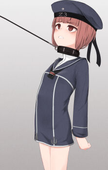 1girl arms_behind_back bdsm black_dress black_hat black_neckerchief black_sailor_collar bondage bound breasts brown_eyes brown_hair clenched_teeth collar commission cuffs dress female_focus handcuffs hat highres kantai_collection large_variant_set leash neckerchief pixiv_commission red_hair sailor_collar sailor_dress sailor_hat short_hair simple_background small_breasts solo standing teeth tsuzuri_(tu-san_house) variant_set z3_max_schultz_(kancolle)