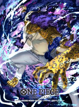 1boy alternate_form claws commentary_request copyright_name dai-xt facial_hair goatee highres leopard_boy long_hair looking_at_viewer male_focus official_art one_piece one_piece_card_game rob_lucci sharp_teeth smoke solo teeth topless_male v-shaped_eyebrows