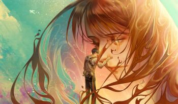 Rule 34 | 1boy, 1girl, bandaged hand, bandages, black hair, black pants, brown hair, chest harness, closed mouth, commentary request, ehye520, feet out of frame, hand on another's face, hange zoe, harness, highres, korean commentary, levi (shingeki no kyojin), long hair, looking at another, missing finger, pants, scar, scar across eye, scar on face, shingeki no kyojin, shirt, short hair, size difference, three-dimensional maneuver gear, white shirt