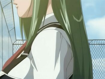 00s 1boy 1girl 2005 animal_ears animated animated_gif bible_black bible_black_only blue_eyes evening fence forced grabbing_from_behind green_hair ito_mika long_hair multiple_views necktie outdoors rabbit_ears school school_roof school_rooftop school_uniform sky sunset tagme turnaround