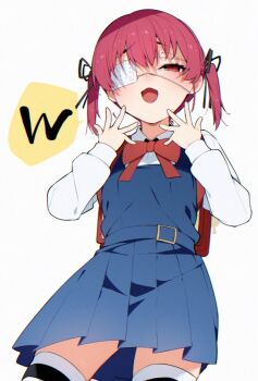 1girl aged_down backpack bag blue_dress blush bow bowtie chestnut_mouth collared_shirt cosplay cowboy_shot dress dress_shirt eyepatch from_below hololive hood hood_up houshou_marine koubou_(cowbow_kun) long_sleeves looking_at_viewer looking_down medical_eyepatch mismatched_eyebrows open_hands open_mouth pinafore_dress pleated_dress raised_inner_eyebrows randoseru red_bag red_bow red_bowtie red_eyes red_hair school_uniform shigure_ui_(vtuber) shigure_ui_(vtuber)_(cosplay) shigure_ui_(young)_(vtuber) shirt short_dress simple_background sleeveless sleeveless_dress smug solo spoken_letter striped_clothes striped_thighhighs thighhighs twintails virtual_youtuber white_background white_shirt