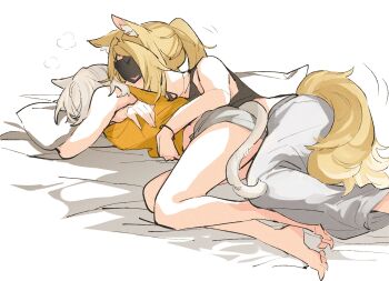 2girls animal_ears black_shirt blindfold blonde_hair blush cat_ears cat_tail commentary dog_ears dog_tail feet full_body hashtag-only_commentary hug long_hair lying multiple_girls pillow ponytail rekka shirt shorts simple_background sleeveless soldier_11_(zenless_zone_zero) symbol-only_commentary tail toes trigger_(zenless_zone_zero) white_background white_hair yuri zenless_zone_zero