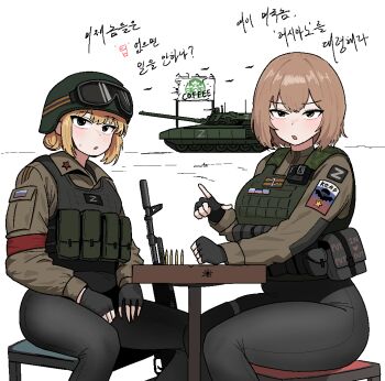 2girls ak-74m ammunition assault_rifle black_pants blonde_hair blue_eyes brown_hair bullet cocktiel77 combat_helmet donetsk_people&#039;s_republic_flag fingerless_gloves flag_patch gloves goggles goggles_on_headwear gun helmet kalashnikov_rifle korean_text load_bearing_vest looking_at_viewer lugansk_people&#039;s_republic_flag military_combat_uniform military_uniform military_vehicle motor_vehicle multiple_girls pants reactive_armor red_dawn ribbon_of_saint_george rifle rifle_cartridge russian_flag russian_ground_forces sitting starbucks t-14_armata table tank translation_request weapon z_(russian_symbol)