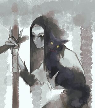 1girl ann_(identity_v) black_cat cat colored_skin fingernails grey_skin highres hollow_eyes hunched_over identity_v looking_at_viewer mask nun sencharotte sharp_fingernails slit_pupils solo upper_body yellow_eyes yellow_pupils