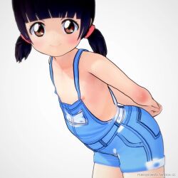 1girl 3d animated arms_behind_back black_hair blue_overalls blunt_bangs blush breasts brown_eyes denim flat_chest koikatsu! koikatsu_(medium) leaning_forward loli looking_at_viewer marojiro_edo naked_overalls nipple_slip nipples original overall_shorts overalls self-upload short_twintails shorts smile solo standing tagme twintails video
