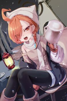 1girl absurdres ahoge asymmetrical_bangs black_pantyhose blue_archive blue_shorts blush boots braid earrings eyes_visible_through_hair feet_out_of_frame fur_trim hair_over_one_eye halo hat highres holding jacket jewelry kraken_mikan lantern long_sleeves looking_at_viewer mittens mole mole_under_eye neru_(blue_archive) night off_shoulder open_clothes open_jacket open_mouth orange_hair outdoors pantyhose scarf shirt short_hair shorts single_braid sitting solo stud_earrings teeth white_scarf