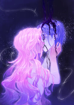 Rule 34 | 2girls, absurdres, alien stage, black blood, black hair, blood, blue hair, closed eyes, commentary, common rush, disembodied head, english commentary, highres, holding, holding detached head, kiss, mizi (alien stage), multicolored hair, multiple girls, pink hair, sua (alien stage), two-tone hair, yuri