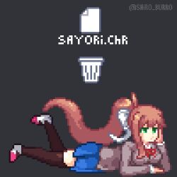 1girl animated blue_skirt bored bow breasts brown_hair colored_skin cuffs dark_grey_background doki_doki_literature_club doki_doki_literature_club_school_uniform green_eyes grey_jacket hair_ribbon jacket large_breasts legs loading_icon long_hair looking_at_viewer lying monika_(doki_doki_literature_club) on_floor on_stomach pixel_art ponytail red_bow ribbon school_uniform shirt skirt the_pose thigh_gap thighhighs thighs trash_can video white_cuffs white_ribbon white_shirt white_skin