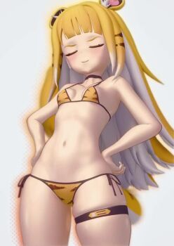 1girl animal_ears animal_print animated bare_shoulders bikini bitseon black_choker blonde_hair blunt_bangs blush breasts choker closed_eyes closed_mouth cowboy_shot doyagao hands_on_own_hips ju_fufu loli long_hair micro_bikini multicolored_hair navel side-tie_bikini_bottom simple_background skindentation small_breasts smile smug solo standing stomach swimsuit tagme tail thigh_strap tiger_ears tiger_girl tiger_print two-tone_hair very_long_hair video white_background white_hair zenless_zone_zero