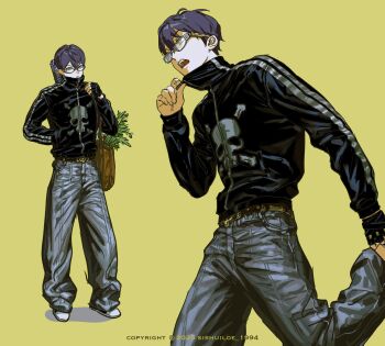 1boy 3: :/ alternate_costume baggy_pants belt belt_buckle black_gloves black_jacket black_shoes blue_pants brown_bag brown_belt buckle carrot converse copyright_notice dated denim fashion fingerless_gloves food from_below glasses gloves gold_buckle green_background green_eyes hand_in_pocket highres holding_strap jacket jeans kenmochi_touya male_focus multicolored_shoes multiple_views nijisanji open_mouth pants pout print_jacket punk purple_hair running shoes short_hair sishuiloe_1994 skull_print sneakers track_jacket turtleneck turtleneck_jacket twitter_username two-tone_shoes v-shaped_eyebrows vegetable weapon_bag white_shoes zipper zipper_pull_tab