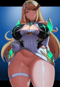 1girl blonde_hair breasts circlet cleavage cleavage_cutout closed_mouth clothing_cutout commentary commission core_crystal_(xenoblade) dress elbow_gloves english_commentary evoltodraw gloves highres large_breasts lifting_own_clothes long_hair looking_at_viewer mythra_(xenoblade) no_pussy pussy smile solo swept_bangs thigh_strap very_long_hair white_dress white_gloves xenoblade_chronicles_(series) xenoblade_chronicles_2 yellow_eyes