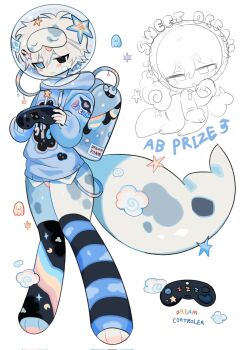 1boy adoptable black_eyes blue_eyes blue_hoodie chibi commentary controller dilnyan03 english_commentary english_text game_controller heterochromia highres holding holding_controller holding_game_controller hood hoodie leg_warmers male_focus original reptile_boy short_hair striped_leg_warmers tail white_hair