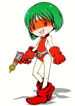 Rule 34 | 1girl, bare shoulders, beeru (veil8801), boots, commentary request, deformed, dokkoida, energy gun, flat chest, full body, gloves, green hair, highres, holding ray gun, leotard, ray gun, red boots, red eyes, red gloves, red leotard, sakurazaki kosuzu, shadow, short hair, simple background, solo, tanpopo, weapon, white background