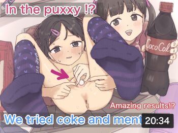 2girls anus arrow_(symbol) blush clothed_female_nude_female english_text food food_insertion hair_ornament highres knees_up loli lying mentos multiple_girls no_shoes nude object_insertion original product_placement pussy sabuakadeath socks spread_pussy spreading_own_pussy timestamp