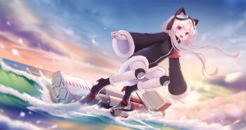 1girl absurdres animal_ear_headphones animal_ears azur_lane black_coat boots cat_ear_headphones cat_ears chang_chun_(azur_lane) chang_chun_(retrofit)_(azur_lane) cloud cloudy_sky coat commentary_request fake_animal_ears full_body fur-trimmed_boots fur-trimmed_coat fur_trim goggles goggles_on_head headphones high_heels highres long_hair long_sleeves looking_at_viewer open_mouth pantyhose red_eyes sky starnight_stuka surfing water white_pantyhose wide_sleeves