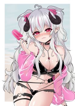 1girl beach bikini black_bikini black_nails blush border breasts closed_mouth collarbone cowboy_shot curled_horns day demon_girl demon_horns dot_nose ear_piercing eyelashes female_focus fingernails food grey_hair horns ice_cream indie_virtual_youtuber jacket jacket_partially_removed jewelry kimura_tao large_breasts lips long_fingernails long_hair looking_at_viewer multicolored_hair nail_polish necklace ocean outdoors petiite_(vtuber) piercing pink_eyes pink_hair pink_jacket pointy_ears sand sitting solo streaked_hair swimsuit thigh_strap thighs twintails two-tone_hair virtual_youtuber water white_border