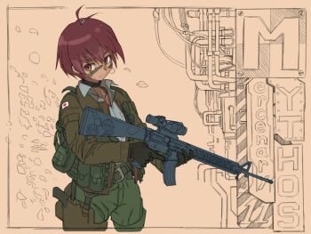 1girl assault_rifle brown_eyes brown_hair choker commentary_request facepaint gun holding holding_gun holding_weapon japanese_flag light_smile looking_at_viewer military_uniform okuribi original rifle short_hair solo trigger_discipline weapon weapon_request