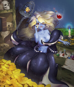 1girl aged_down air_bubble alternate_form arm_up armpit_crease bare_shoulders black_eyes black_skirt blonde_hair blood blue_fire blue_sky blurry blurry_foreground bookshelf box breasts brown_eyes bubble cage candle cauldron censored chain cleavage coin colored_skin commentary_request completely_nude convenient_censoring corked_bottle covering_nipples covering_privates eel fangs fins fire fish flounder_(the_little_mermaid) full_body gold_coin long_hair looking_at_viewer magic monster_girl multicolored_skin navel nude p.p_(operson_nangko) parted_lips potion scroll scylla seaweed signature skirt skull sky smile solo stomach striped_skin suction_cups tentacle_censor tentacles the_little_mermaid_(disney) ursula_(disney) worried yellow_skin