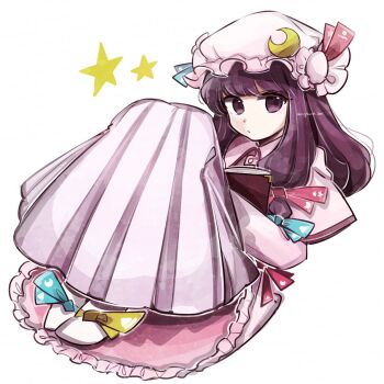 1girl blue_bow blunt_bangs book bow bow_legwear closed_mouth commentary crescent crescent_hat_ornament dress hair_bow hair_ornament hat hat_bow hat_ornament highres holding holding_book long_dress long_hair long_sleeves looking_at_viewer mob_cap multiple_girls nightcap patchouli_knowledge pink_dress purple_eyes purple_hair red_bow simple_background socks solo star_(symbol) striped_clothes striped_dress tama_(hiroshige_36) touhou twitter_username vertical-striped_clothes vertical-striped_dress white_background white_socks yellow_bow