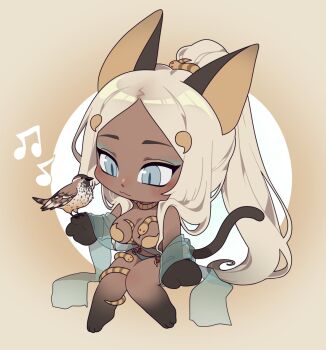 1girl animal_ears bad_source barefoot beamed_sixteenth_notes bird blonde_hair blue_eyes blush breasts cat_ears cat_tail chibi eighth_note high_ponytail jewelry large_breasts long_hair makeup musical_note oasis_(seeslugs) original ponytail seeslugs sparrow tail