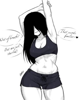 1girl armpits black_hair breasts collarbone commentary covered_eyes crop_top cross-body_stretch english_commentary english_text ghost_girl graphicthereal groin hair_over_eyes highres large_breasts long_hair navel short_shorts shorts signature simple_background smile solo speech_bubble the_ring white_background yamamura_sadako