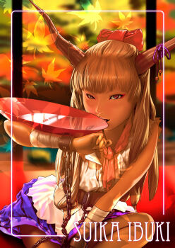 1girl alcohol autumn_leaves blonde_hair chain commentary_request cuffs cup drinking horns ibuki_suika leaf long_hair looking_at_viewer mko_(artist) oni pink_eyes sakazuki sake shackles sitting solo touhou