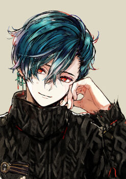 Rule 34 | 1boy, akuma shitsuji to kuroi neko, alternate costume, aqua hair, aran sweater, asymmetrical bangs, black gem, black sweater, cable knit, closed mouth, cross, cross earrings, earrings, gem, hair between eyes, hand on own cheek, hand on own face, haures clifford, head tilt, highres, jewelry, light blush, long sleeves, male focus, nonoko (meg36544), parted bangs, red eyes, short hair, smile, solo, sweater, turtleneck, turtleneck sweater, upper body