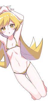 1girl armpits arms_up bikini blonde_hair blush blush_stickers commentary_request dutch_angle flat_chest full_body gold_bikini hair_between_eyes kneeling loli long_hair looking_at_viewer manimani_(mani_ma) micro_bikini monogatari_(series) navel oshino_shinobu shadow simple_background solo swimsuit very_long_hair white_background yellow_eyes