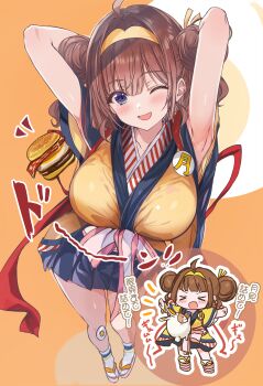 Rule 34 | 1girl, ;d, ahoge, armpits, arms up, back ribbon, blue eyes, blue skirt, blush, breasts, brown hair, chibi, commentary request, cutlass (classic chocolate), full body, highres, imadake tsukimi tabemi, japanese clothes, kimono, large breasts, looking at viewer, mcdonald's, obi, okobo, one eye closed, open mouth, pink sandals, pink sash, platform sandals, pleated skirt, sandals, sash, short hair, skirt, smile, socks, standing, striped clothes, striped kimono, tabi, translation request, vertical-striped clothes, vertical-striped kimono, white socks, yellow happi