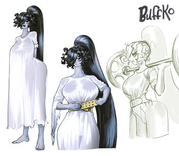 1girl absurdres barbell barefoot black_hair black_nails breasts colored_skin dress english_text exercising fingernails full_body grey_skin hair_over_one_eye high_ponytail highres large_breasts long_hair multiple_views ponytail pungson_mori see-through_clothes sharp_fingernails sleeve_rolled_up solid_circle_eyes squat_(exercise) the_ring tight_clothes very_long_hair weightlifting weightlifting_belt white_background white_dress yamamura_sadako