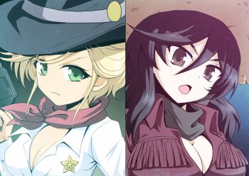 2girls bandana belle_(girls_und_panzer) black_bandana black_eyes black_hair black_headwear black_neckwear blonde_hair breasts brown_headwear brown_shirt cleavage closed_mouth collared_shirt commentary cowboy_shot fringe_trim frown girls_und_panzer girls_und_panzer_saishuushou green_eyes gun handgun highres holding holding_gun holding_weapon jane_(girls_und_panzer) kamishima_kanon long_hair long_sleeves looking_at_viewer medium_breasts multiple_girls open_mouth red_bandana red_neckwear revolver shirt short_hair split_screen star_(symbol) weapon white_shirt