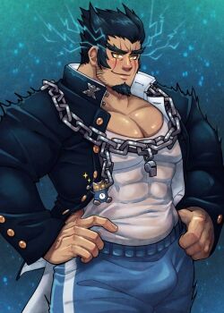 1boy bara black_hair blush bulge commentary covered_abs danganronpa_(series) danganronpa_2:_goodbye_despair facial_hair goatee hands_on_own_hips highres jacket large_hands large_pectorals lips male_focus muscular muscular_male mystar21 nidai_nekomaru open_clothes open_jacket pants pectoral_cleavage pectorals scar scar_across_eye scar_on_face short_hair solo track_pants whistle