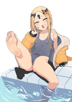 1girl abigail_williams_(fate) absurdres black_nails blue_eyes breasts cameltoe covered_navel fate/grand_order fate_(series) feet fellatio female_focus fingernails hair_ribbon highres jacket keyhole loli nail_polish one-piece_swimsuit open_clothes open_jacket ribbon s714488 sexually_suggestive simulated_fellatio sitting small_breasts solo spread_legs swimsuit thighs toes