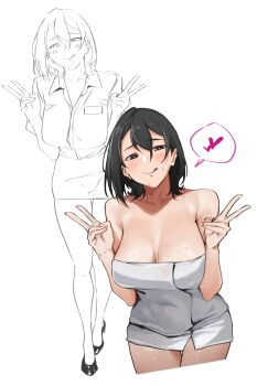 1girl bare_shoulders black_hair blush breasts bronyangg cleavage closed_mouth collared_shirt double_v dress_shirt heart heart-shaped_pupils highres large_breasts leaning_forward licking_lips medium_hair miniskirt multiple_views naked_towel office_lady original shirt sketch skirt speech_bubble symbol-shaped_pupils tongue tongue_out towel v wet