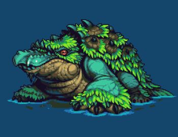 animal_focus animated animated_gif blue_background blue_scales breathing_(animated) claws commentary english_commentary full_body horizontal_pupils jon_davies leaf looking_at_viewer looping_animation monster monster_hunter_(series) no_humans open_mouth pixel_art red_eyes scales shell simple_background solo tetranadon